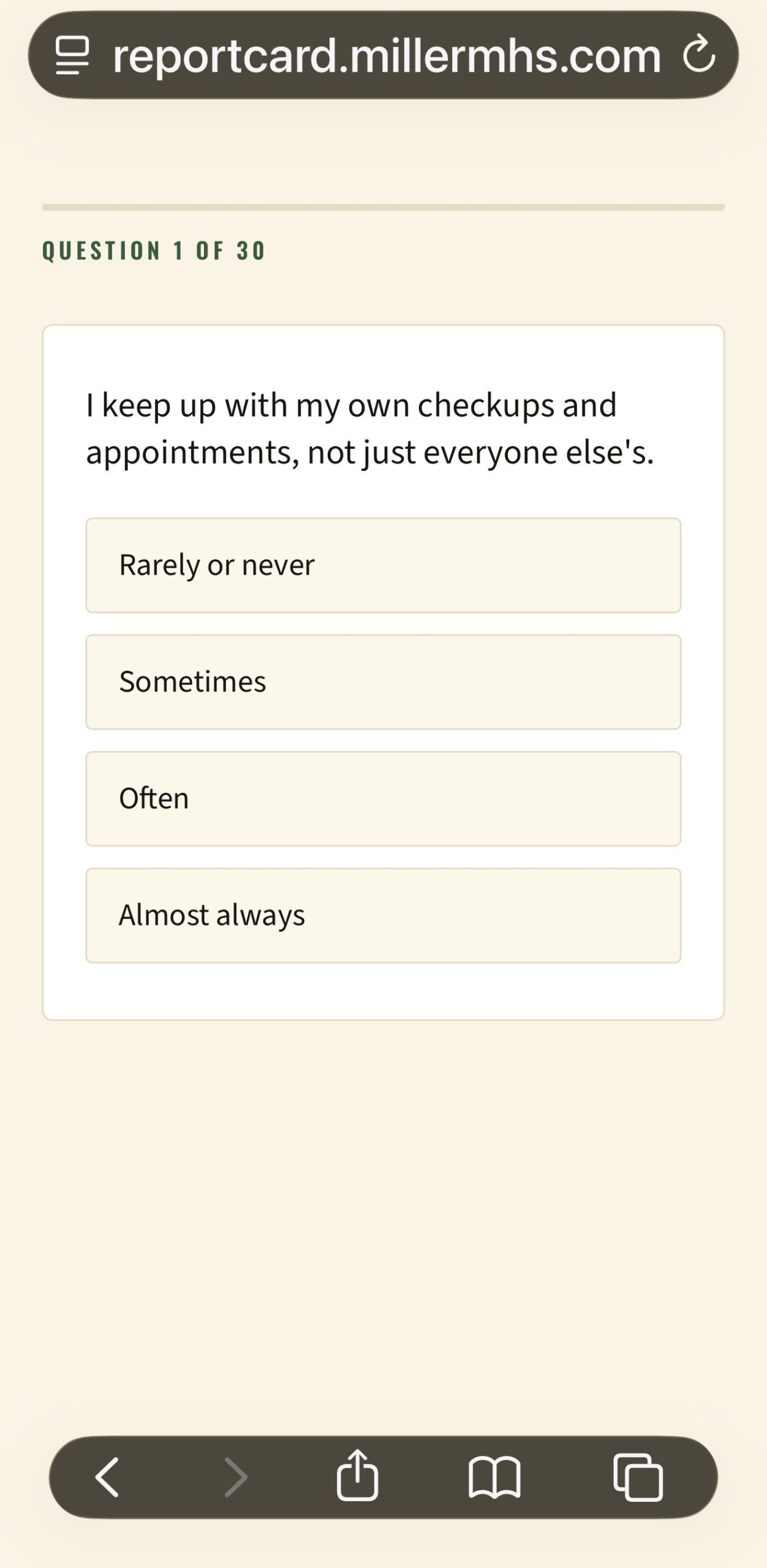 Preview of the first question in the Parent Report Card quiz